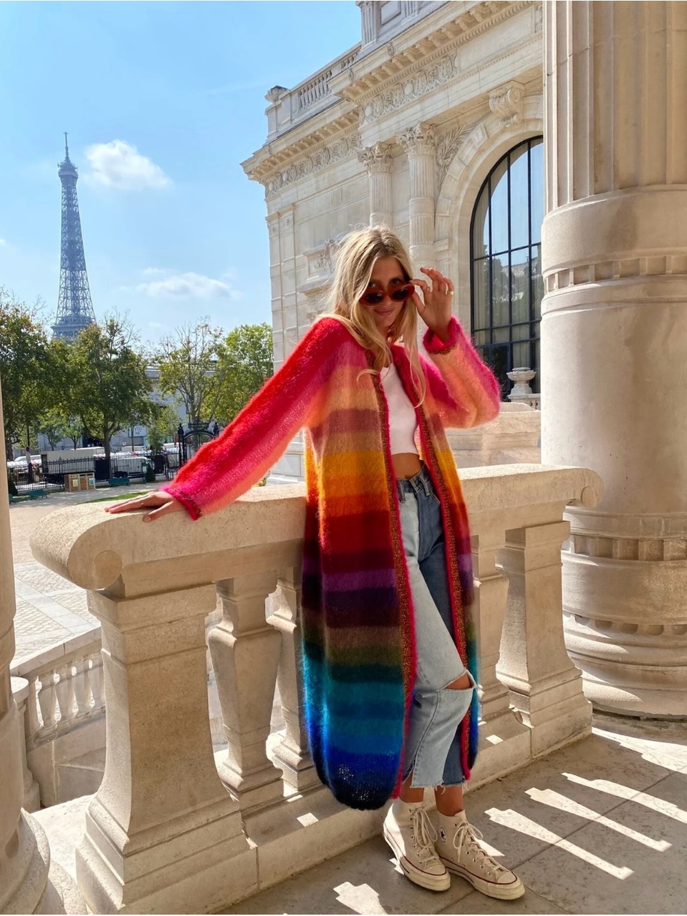 Long Open-Front Mohair Rainbow Stripe Cardigan